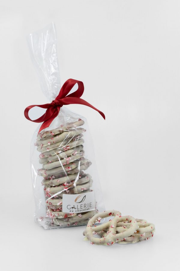Fêtes - Bretzels Enrobés de Chocolat Blanc avec Bonbons à la Menthe 160g